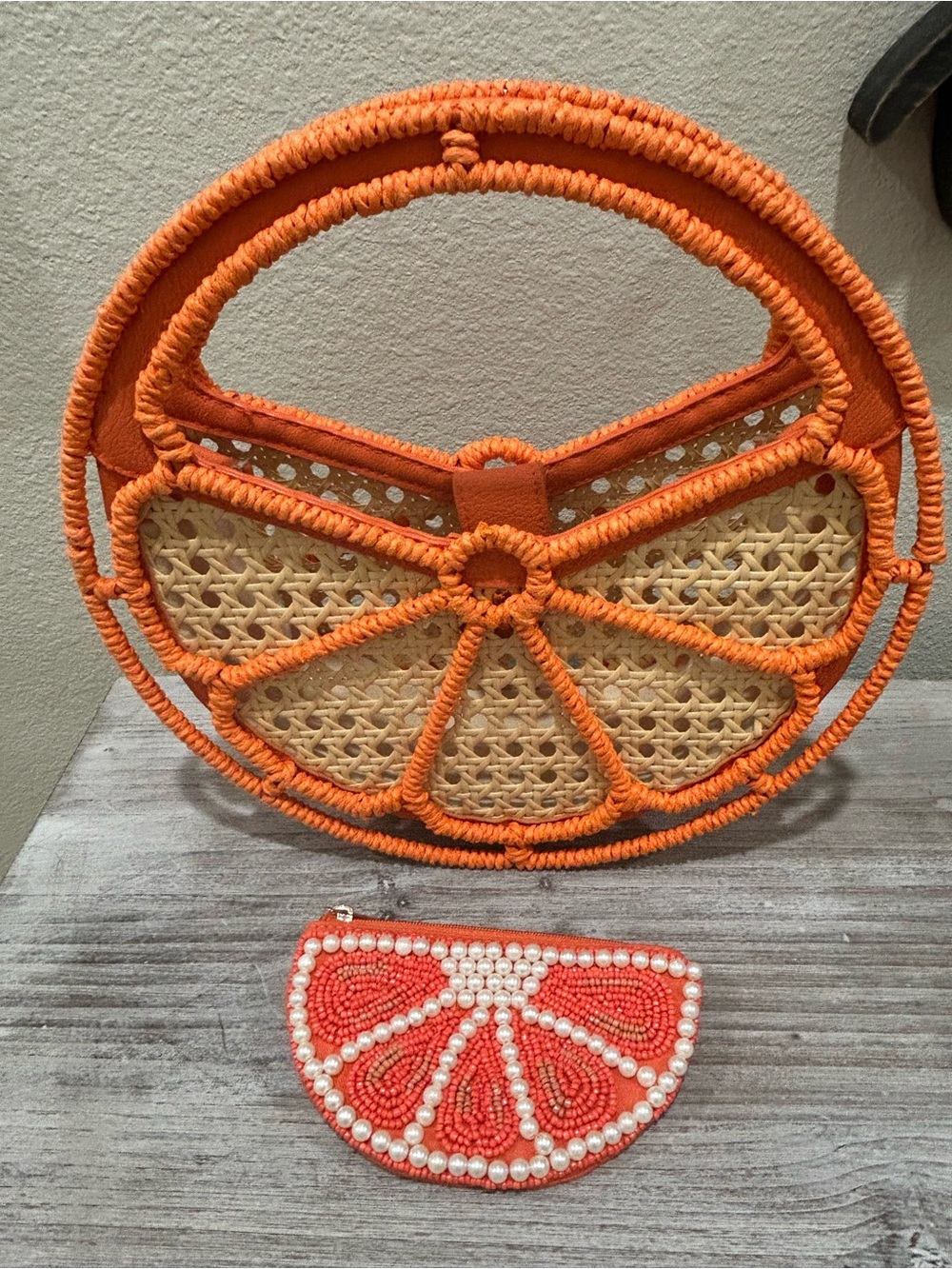 Orange Woven Citrus Crossbody Bag with Beaded Coin Purse